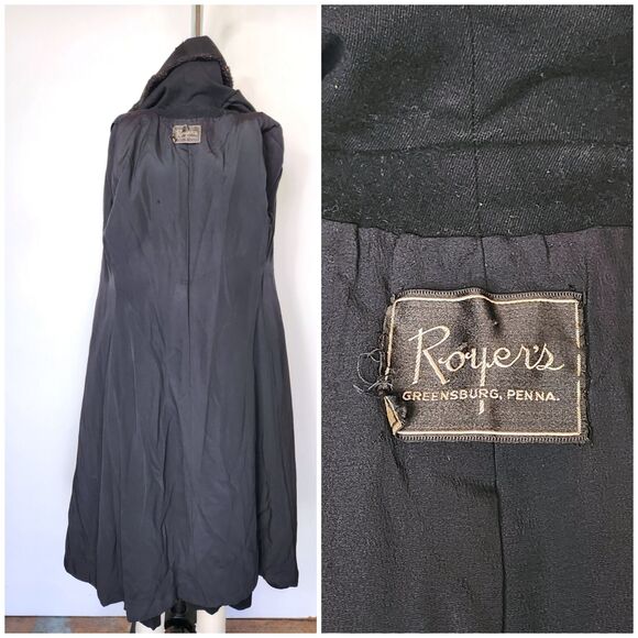 40s 50s Black WOOL Princess Coat w Large Collar Fit and Flare Wasp Waist Coat XS - Picture 9 of 10